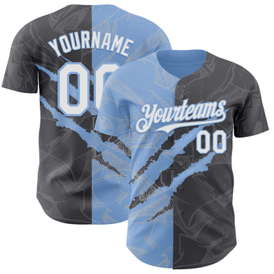 Custom Graffiti Pattern White Steel Gray-Light Blue 3D Scratch Authentic Baseball Jersey