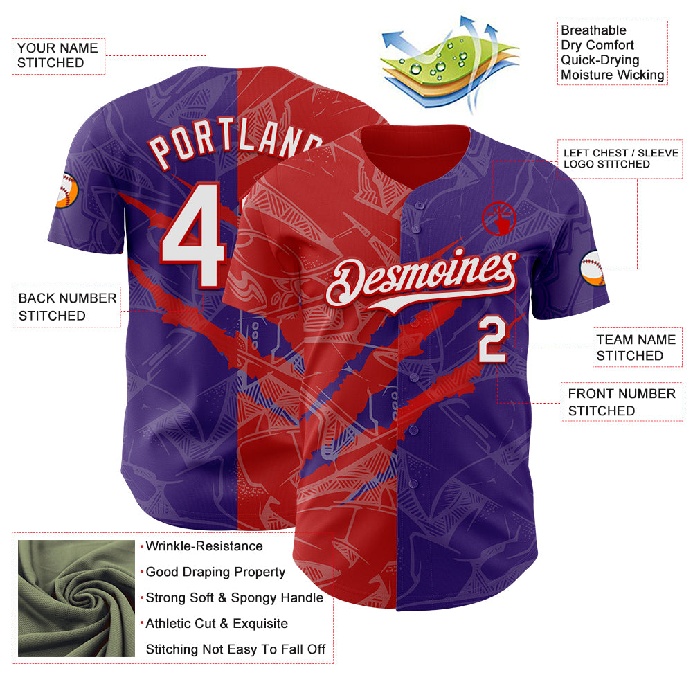 Custom Graffiti Pattern White Purple-Red 3D Scratch Authentic Baseball Jersey