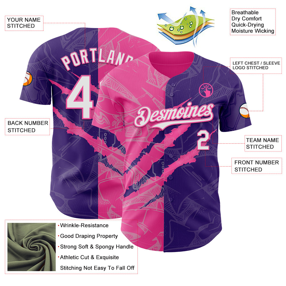 Custom Graffiti Pattern White Purple-Pink 3D Scratch Authentic Baseball Jersey