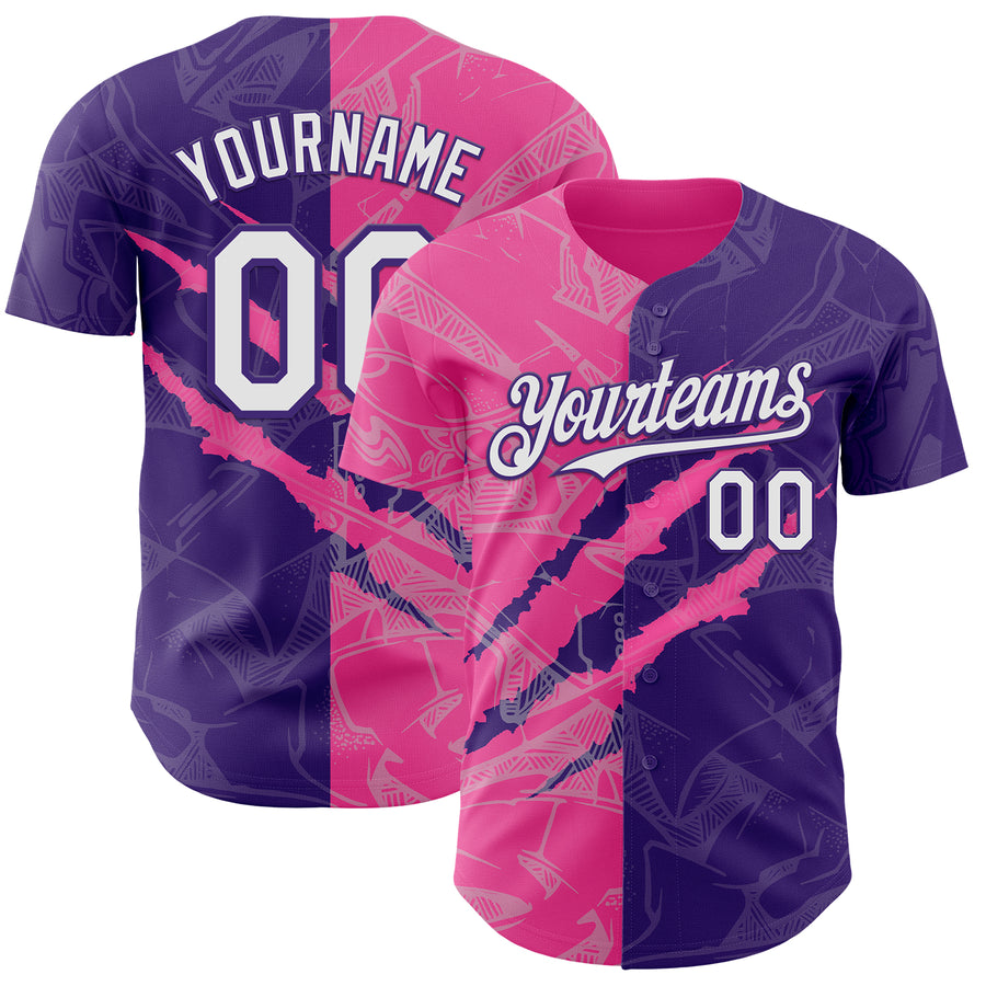 Custom Graffiti Pattern White Purple-Pink 3D Scratch Authentic Baseball Jersey