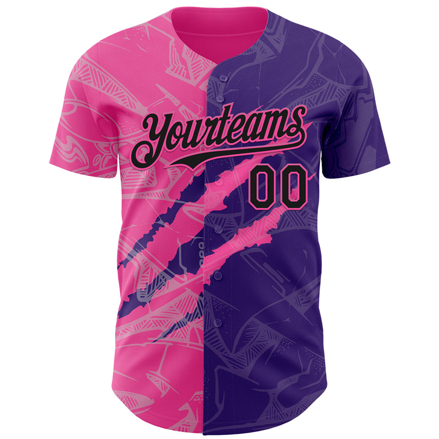 Custom Graffiti Pattern Black Purple-Pink 3D Scratch Authentic Baseball Jersey