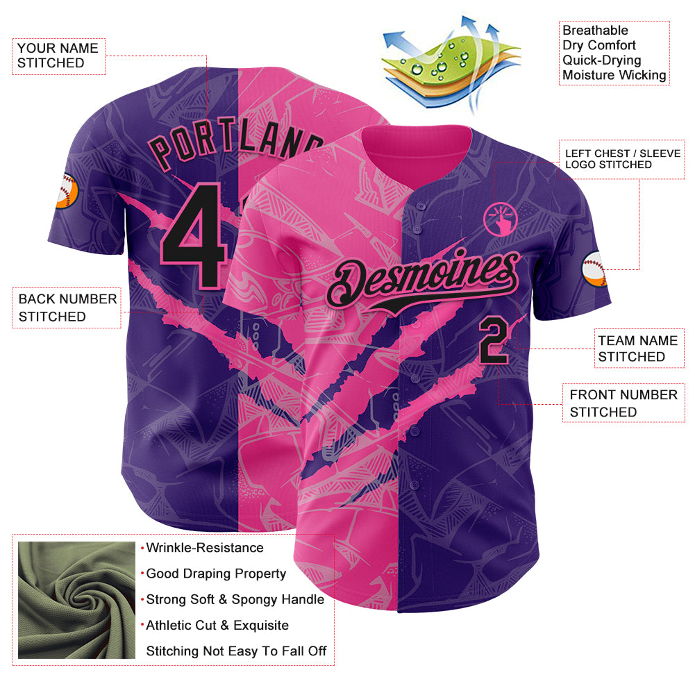 Custom Graffiti Pattern Black Purple-Pink 3D Scratch Authentic Baseball Jersey