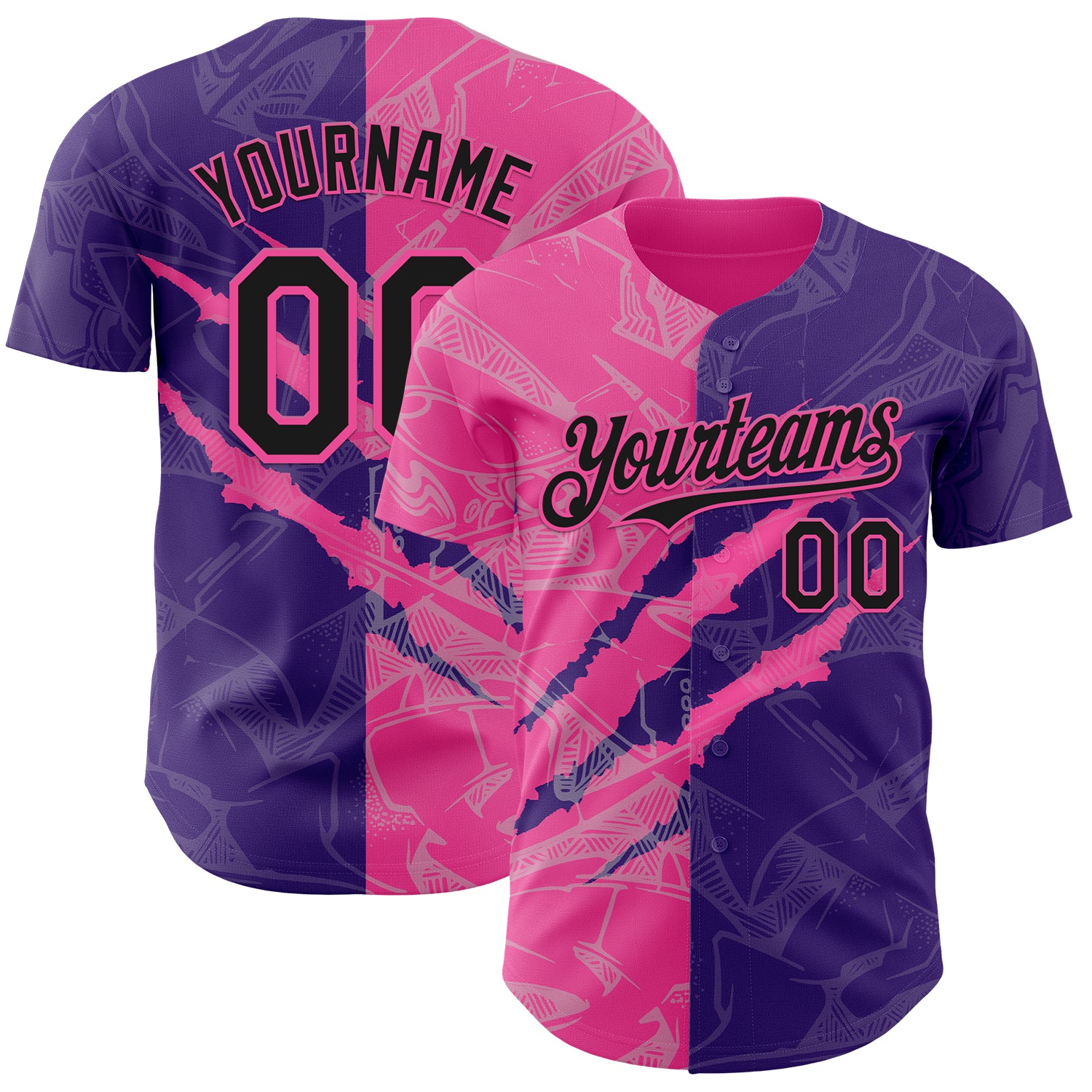 Custom Graffiti Pattern Black Purple-Pink 3D Scratch Authentic Baseball Jersey