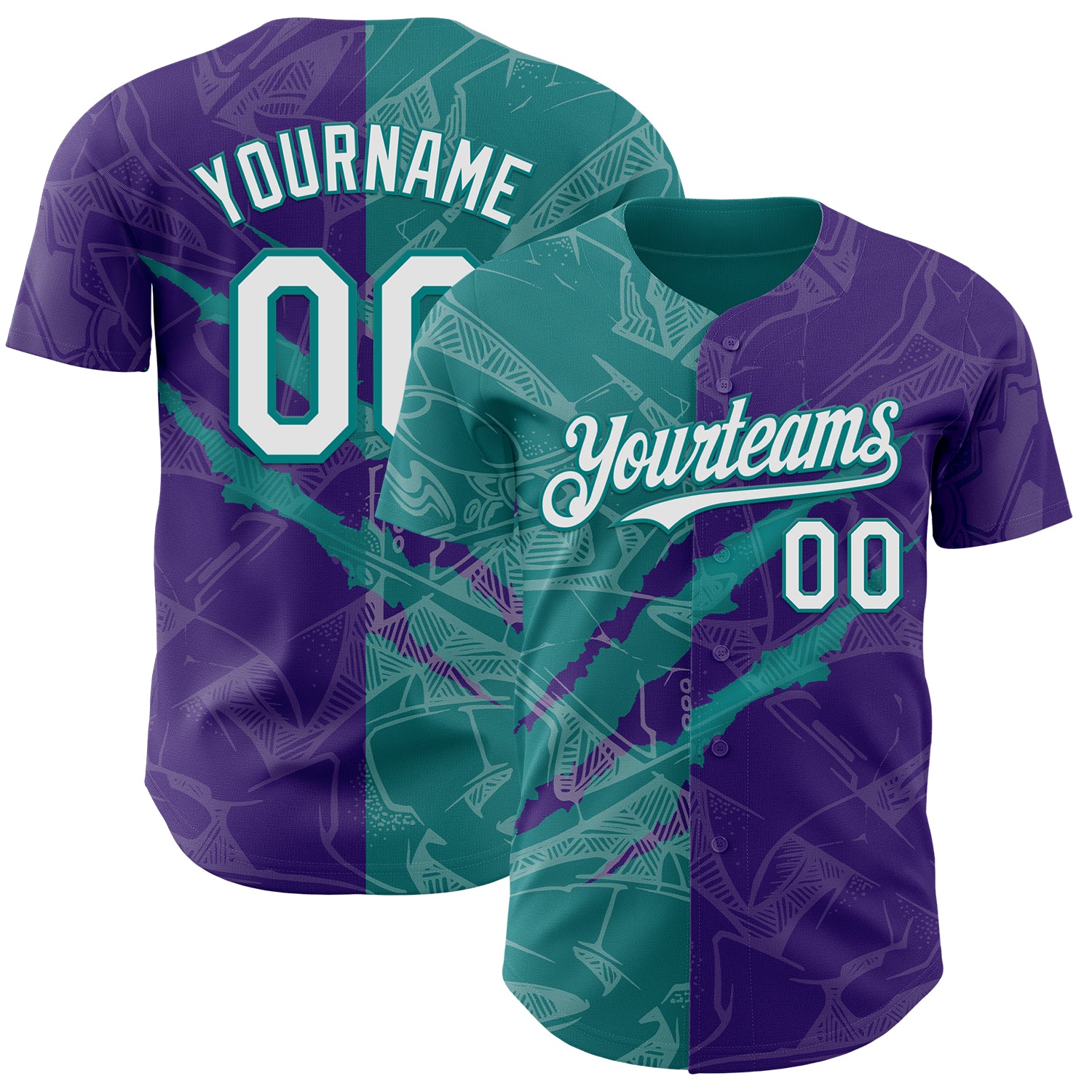 Custom Graffiti Pattern White Purple-Teal 3D Scratch Authentic Baseball Jersey