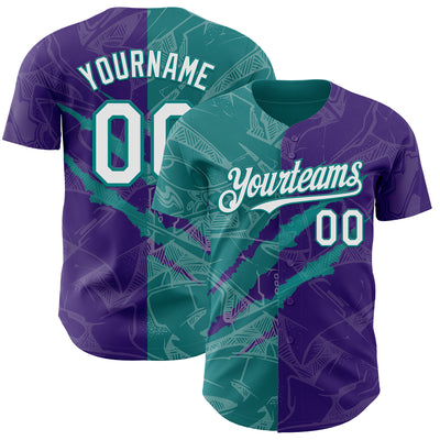 Custom Graffiti Pattern White Purple-Teal 3D Scratch Authentic Baseball Jersey