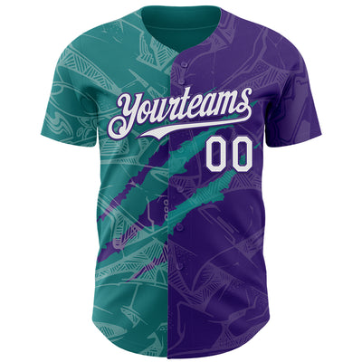 Custom Graffiti Pattern White Purple-Teal 3D Scratch Authentic Baseball Jersey