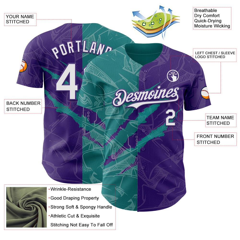 Custom Graffiti Pattern White Purple-Teal 3D Scratch Authentic Baseball Jersey