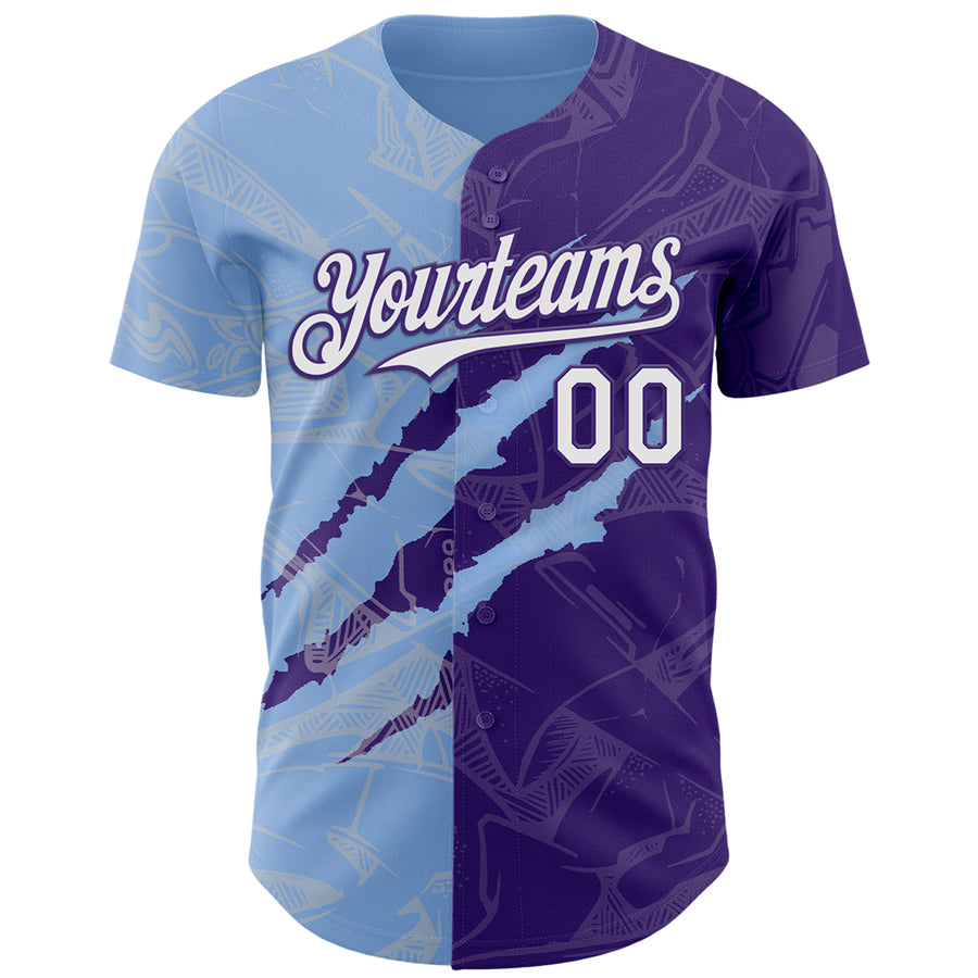 Custom Graffiti Pattern White Purple-Light Blue 3D Scratch Authentic Baseball Jersey