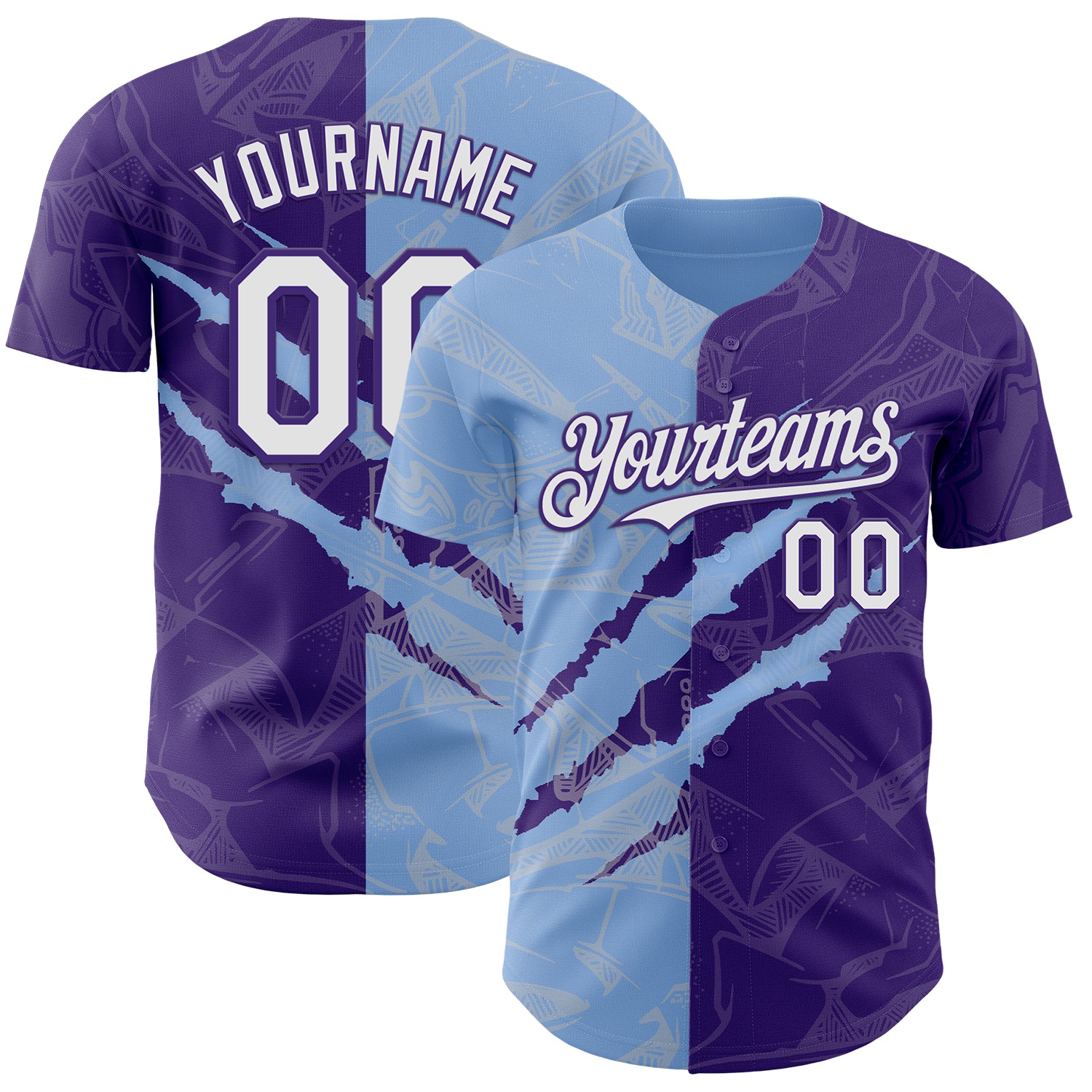 Custom Graffiti Pattern White Purple-Light Blue 3D Scratch Authentic Baseball Jersey