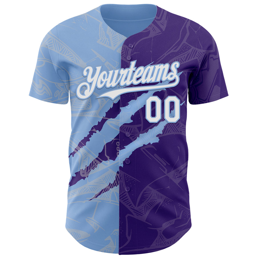 Custom Graffiti Pattern White Purple-Light Blue 3D Scratch Authentic Baseball Jersey