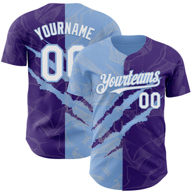 Custom Graffiti Pattern White Purple-Light Blue 3D Scratch Authentic Baseball Jersey