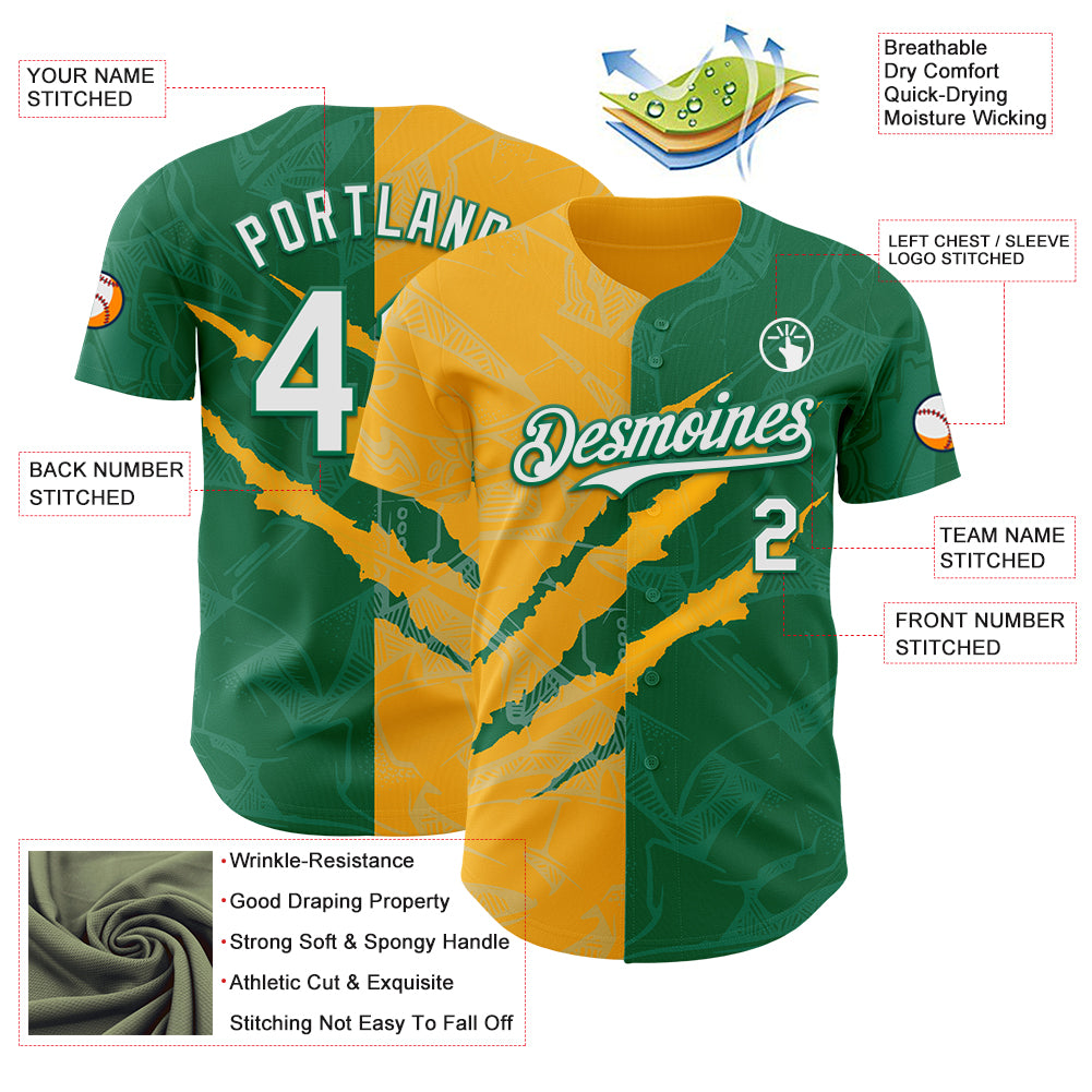 Custom Graffiti Pattern White Kelly Green-Gold 3D Scratch Authentic Baseball Jersey