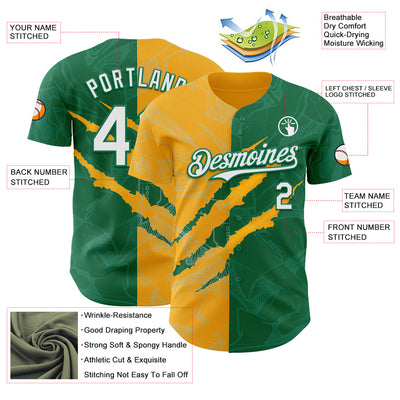 Custom Graffiti Pattern White Kelly Green-Gold 3D Scratch Authentic Baseball Jersey