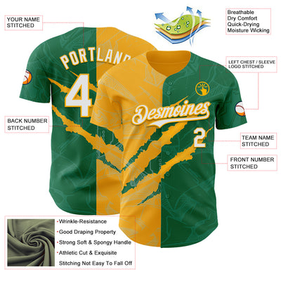 Custom Graffiti Pattern White Kelly Green-Gold 3D Scratch Authentic Baseball Jersey