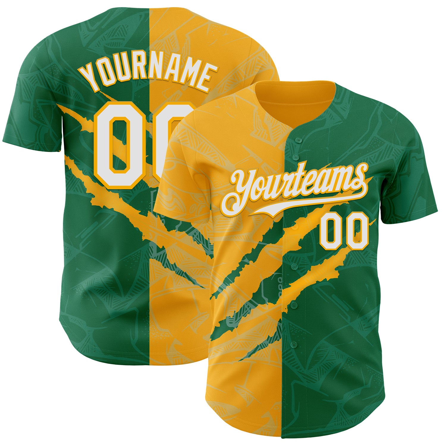 Custom Graffiti Pattern White Kelly Green-Gold 3D Scratch Authentic Baseball Jersey