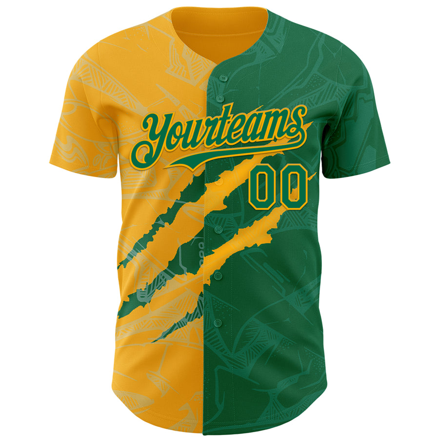 Custom Graffiti Pattern Kelly Green-Gold 3D Scratch Authentic Baseball Jersey