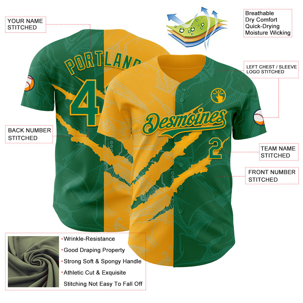 Custom Graffiti Pattern Kelly Green-Gold 3D Scratch Authentic Baseball Jersey