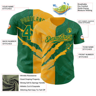 Custom Graffiti Pattern Kelly Green-Gold 3D Scratch Authentic Baseball Jersey