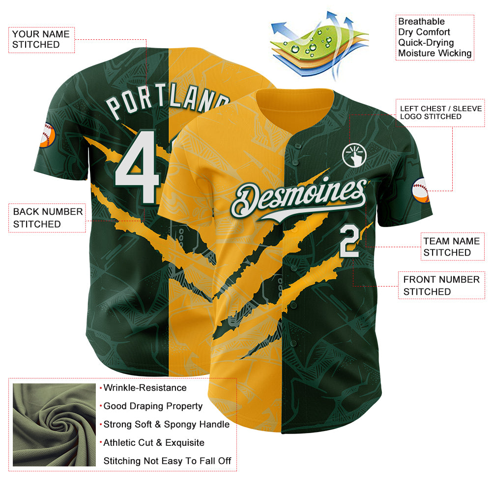Custom Graffiti Pattern White Green-Gold 3D Scratch Authentic Baseball Jersey