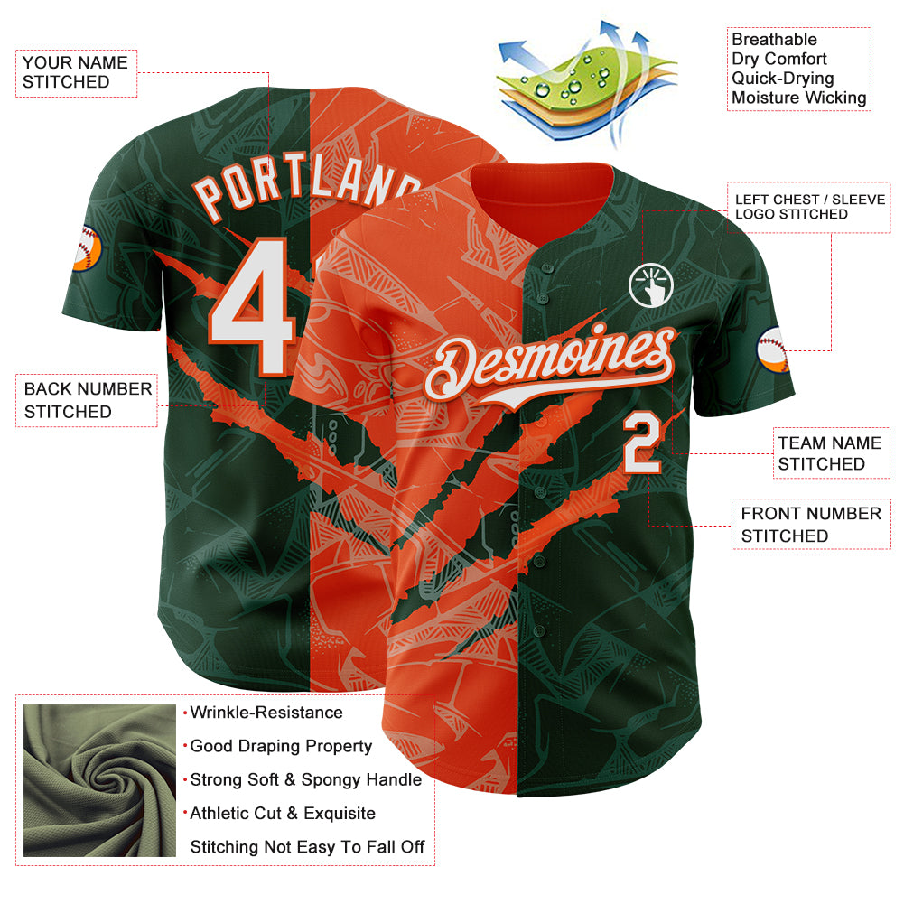 Custom Graffiti Pattern White Green-Orange 3D Scratch Authentic Baseball Jersey