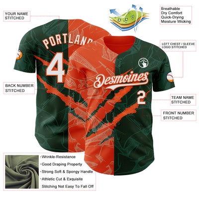 Custom Graffiti Pattern White Green-Orange 3D Scratch Authentic Baseball Jersey