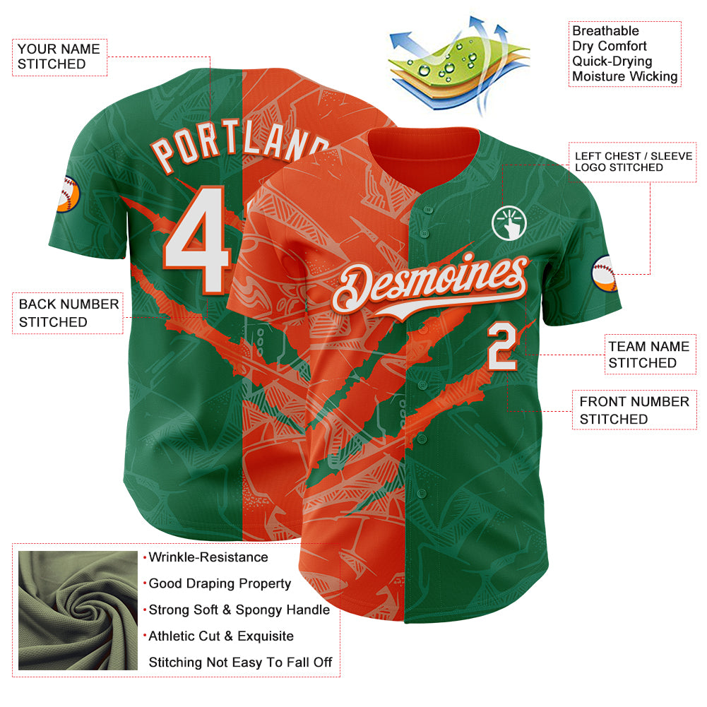 Custom Graffiti Pattern White Kelly Green-Orange 3D Scratch Authentic Baseball Jersey