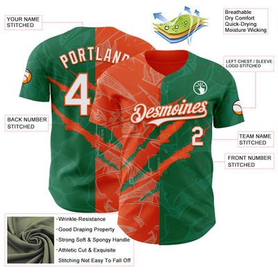 Custom Graffiti Pattern White Kelly Green-Orange 3D Scratch Authentic Baseball Jersey