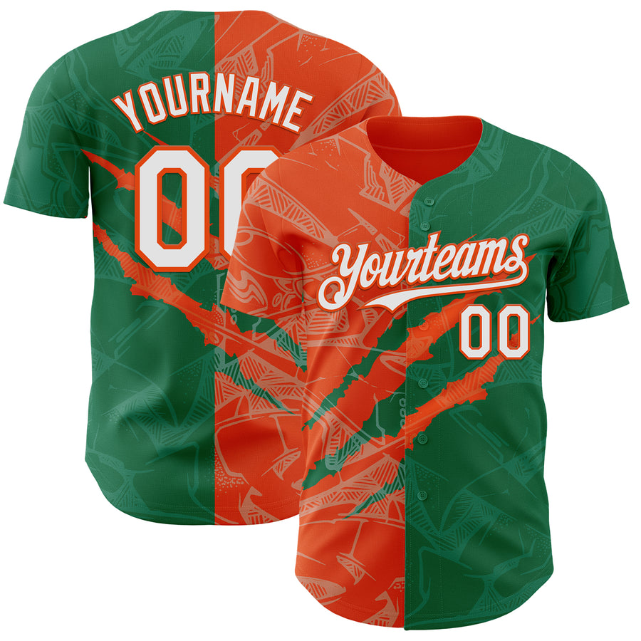 Custom Graffiti Pattern White Kelly Green-Orange 3D Scratch Authentic Baseball Jersey