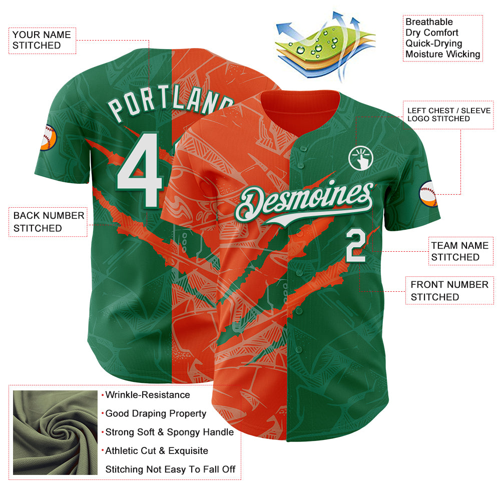 Custom Graffiti Pattern White Kelly Green-Orange 3D Scratch Authentic Baseball Jersey