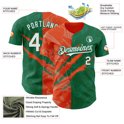 Custom Graffiti Pattern White Kelly Green-Orange 3D Scratch Authentic Baseball Jersey