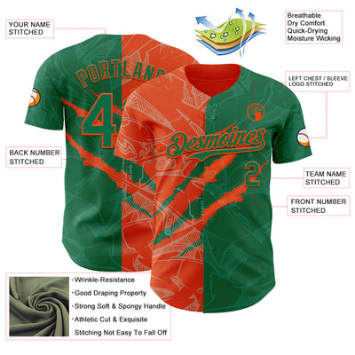 Custom Graffiti Pattern Kelly Green-Orange 3D Scratch Authentic Baseball Jersey