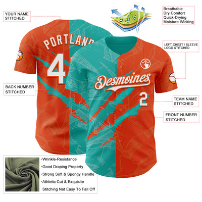 Custom Graffiti Pattern White Orange-Aqua 3D Scratch Authentic Baseball Jersey