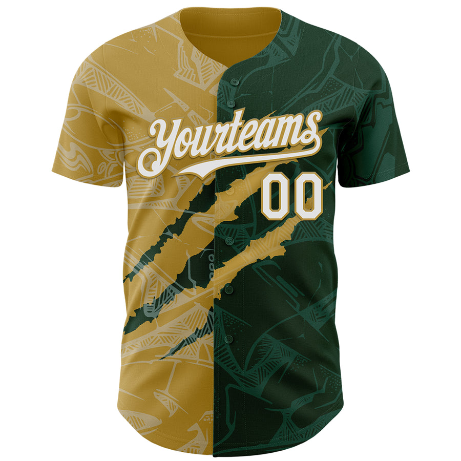 Custom Graffiti Pattern White Green-Old Gold 3D Scratch Authentic Baseball Jersey