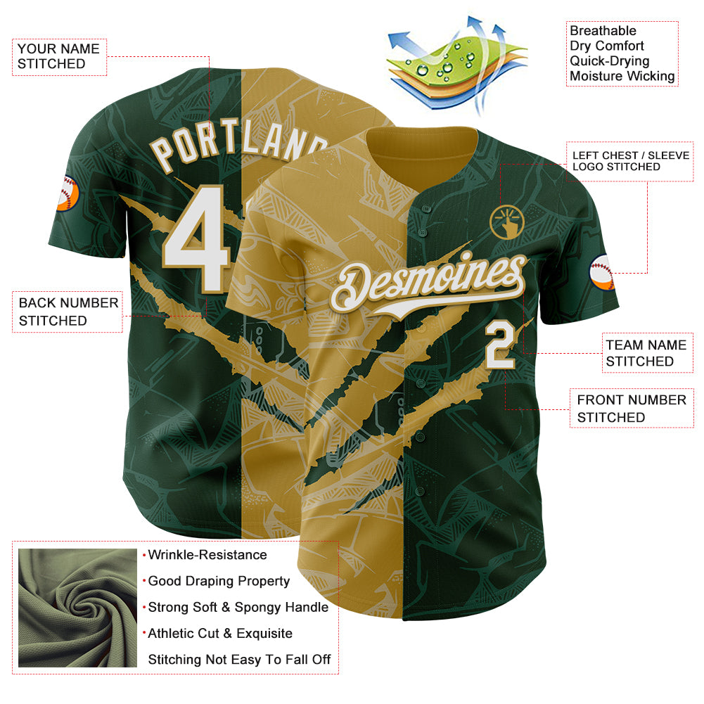 Custom Graffiti Pattern White Green-Old Gold 3D Scratch Authentic Baseball Jersey