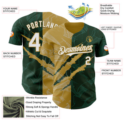 Custom Graffiti Pattern White Green-Old Gold 3D Scratch Authentic Baseball Jersey