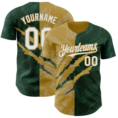 Custom Graffiti Pattern White Green-Old Gold 3D Scratch Authentic Baseball Jersey