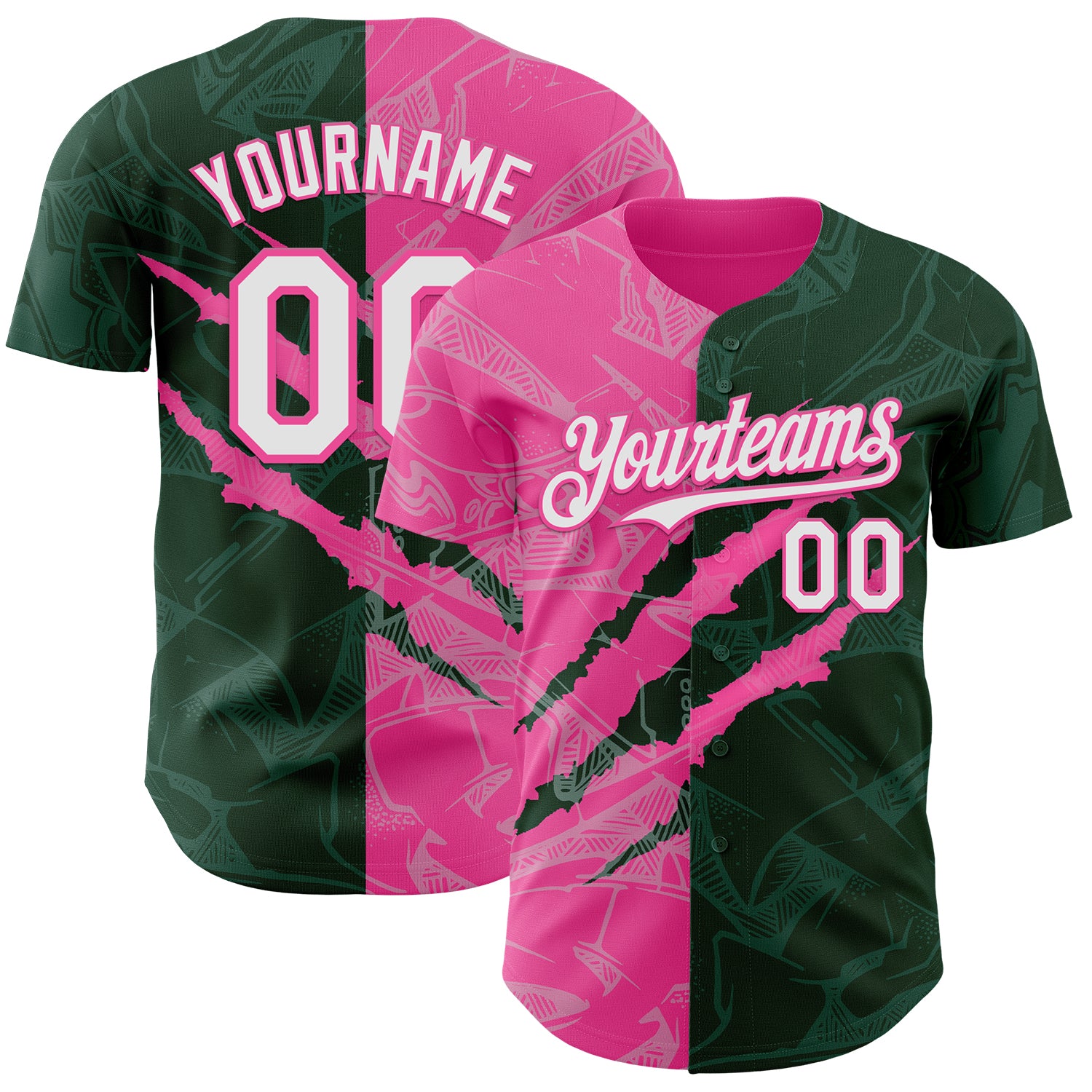 Custom Graffiti Pattern White Green-Pink 3D Scratch Authentic Baseball Jersey