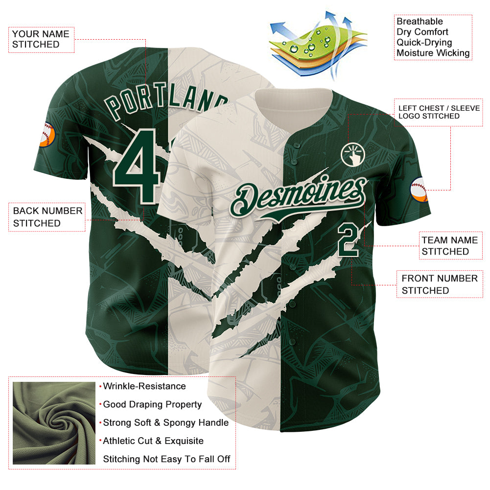 Custom Graffiti Pattern Green-Cream 3D Scratch Authentic Baseball Jersey