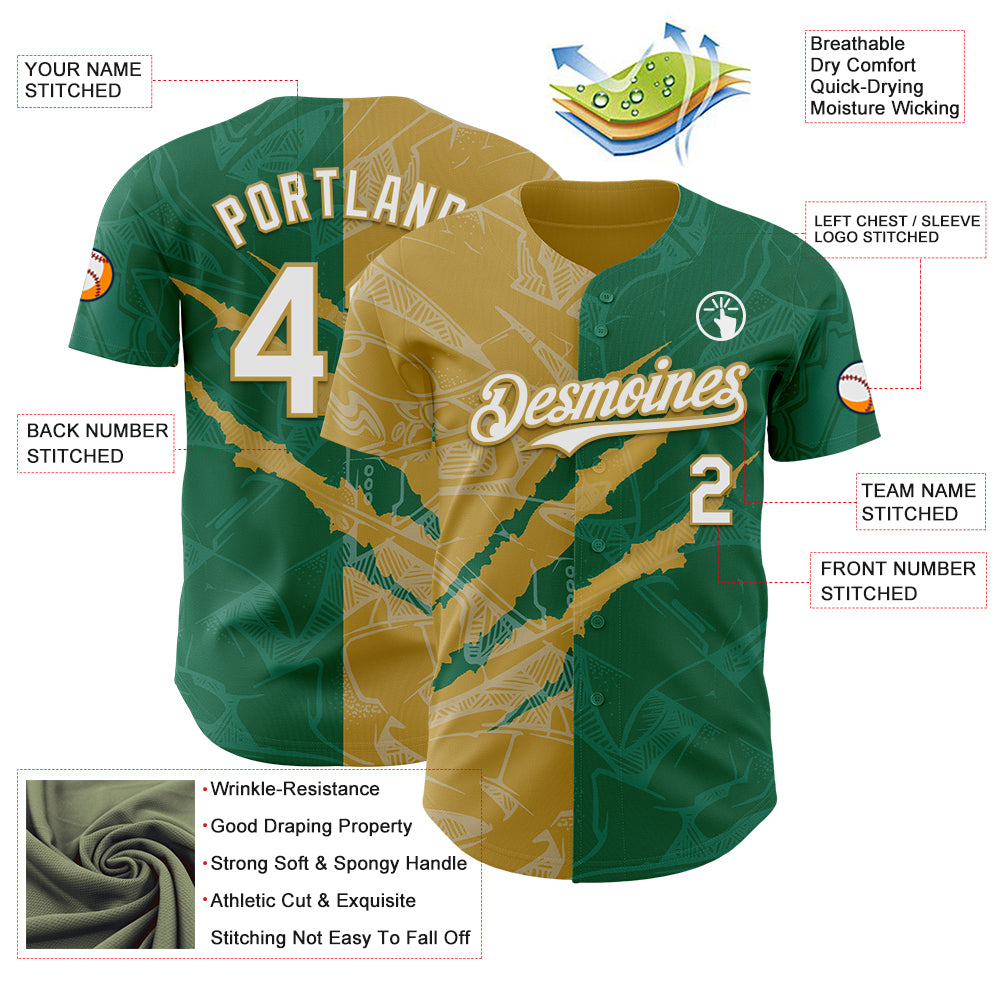 Custom Graffiti Pattern White Kelly Green-Old Gold 3D Scratch Authentic Baseball Jersey