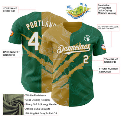 Custom Graffiti Pattern White Kelly Green-Old Gold 3D Scratch Authentic Baseball Jersey