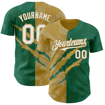 Custom Graffiti Pattern White Kelly Green-Old Gold 3D Scratch Authentic Baseball Jersey