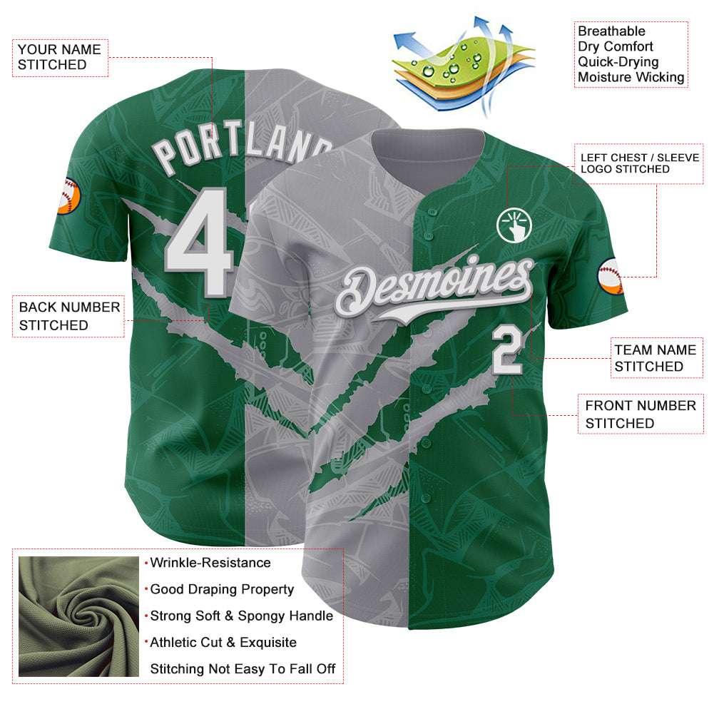 Custom Graffiti Pattern White Kelly Green-Gray 3D Scratch Authentic Baseball Jersey