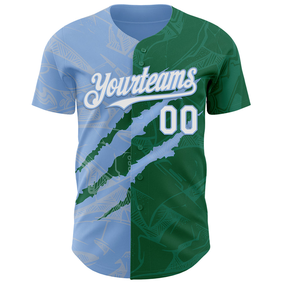 Custom Graffiti Pattern White Kelly Green-Light Blue 3D Scratch Authentic Baseball Jersey