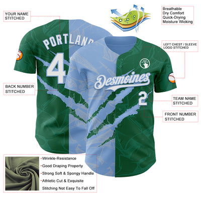 Custom Graffiti Pattern White Kelly Green-Light Blue 3D Scratch Authentic Baseball Jersey