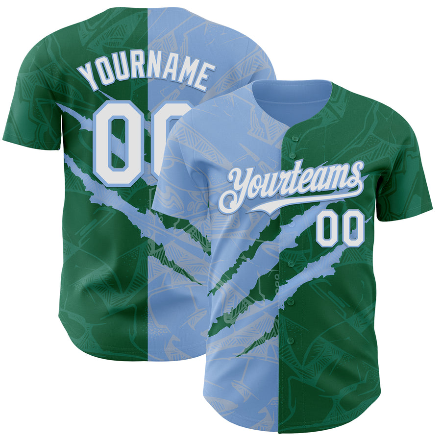 Custom Graffiti Pattern White Kelly Green-Light Blue 3D Scratch Authentic Baseball Jersey