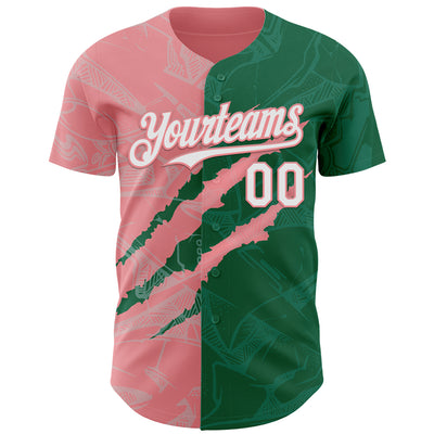 Custom Graffiti Pattern White Kelly Green-Medium Pink 3D Scratch Authentic Baseball Jersey