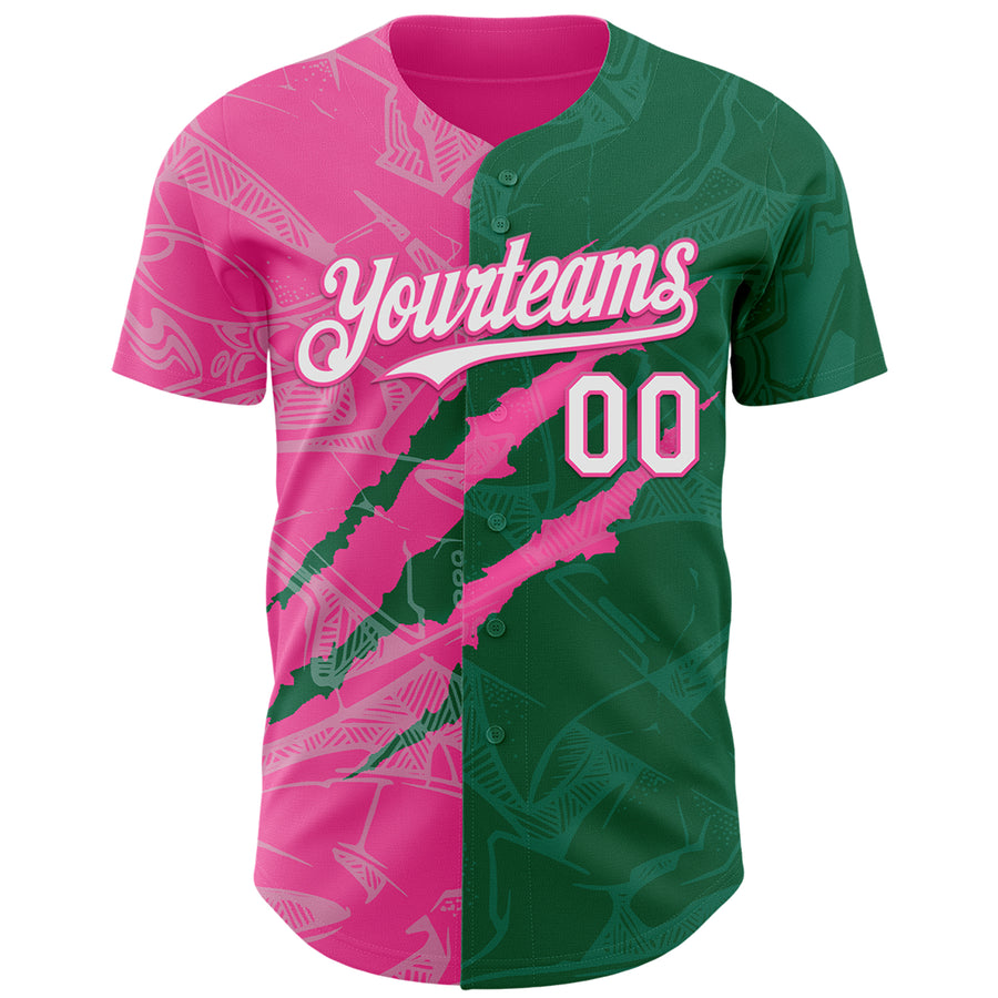 Custom Graffiti Pattern White Kelly Green-Pink 3D Scratch Authentic Baseball Jersey