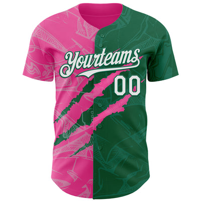 Custom Graffiti Pattern White Kelly Green-Pink 3D Scratch Authentic Baseball Jersey