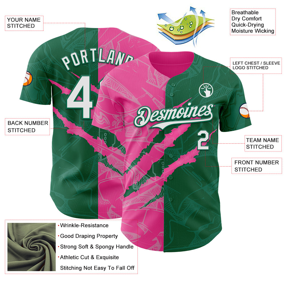 Custom Graffiti Pattern White Kelly Green-Pink 3D Scratch Authentic Baseball Jersey