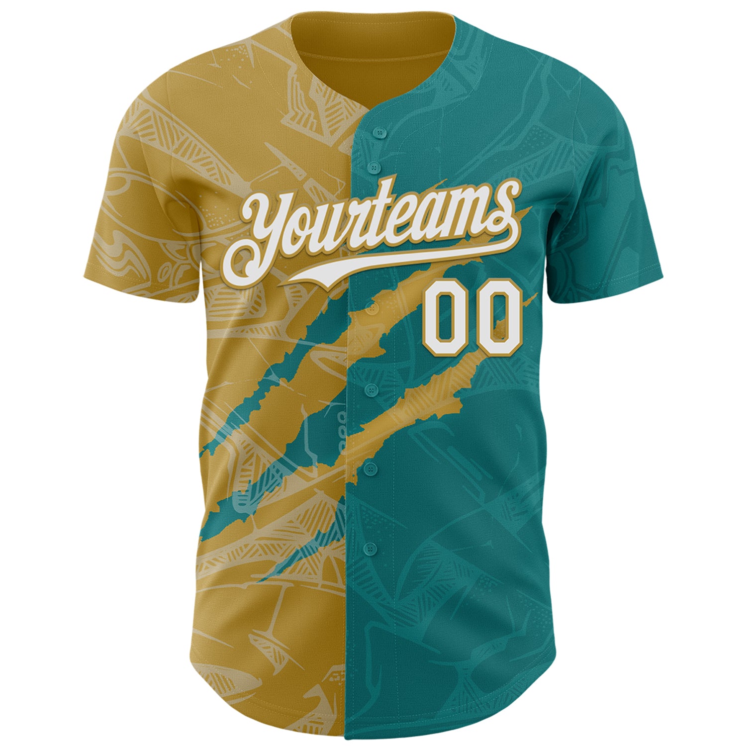 Custom Graffiti Pattern White Teal-Old Gold 3D Scratch Authentic Baseball Jersey